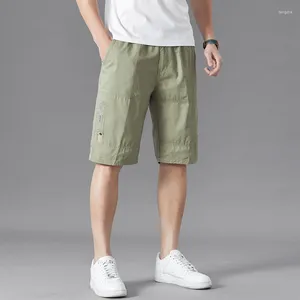 Shorts masculinos bordados no verão bordados de sólido bolsos de bandagem high butt buttão esportes de fábrica de falhas casuais moda vintage