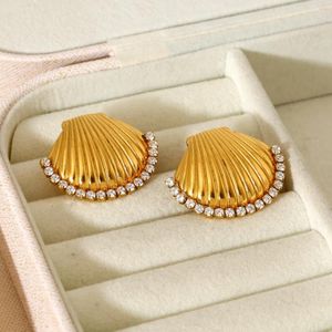 Stud Earrings Tarnish Free 18K Gold Plated Stainless Steel Cubic Zircon Edaged Metal Scallop For Women Girls Waterproof Jewelry