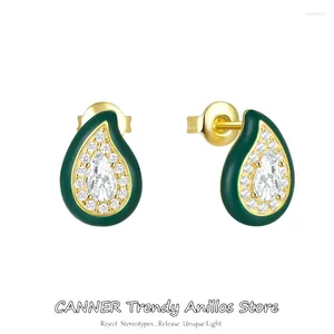 Stud Earrings CANENR 925 Sterling Silver Water Drop Zircon Light Luxury High-end Retro Green Oil Dripping Stylish Woman Jewelry