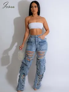 Women's Jeans Joskaa Blue Ripped Out Baggy Women Hipster Sexy High Waist Straight Denim Pants 2024 Fashion Cargo Trousers Streetwear