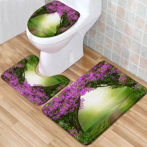 Badmattor Flower Garden Mat Set Natural Scenery Rural Green Plant Landscape Low Pile Flanell Rug Toalett Cover U-formad matta