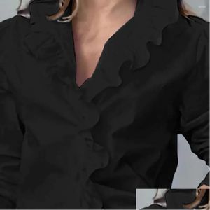 Womens Blouses Shirts Women Long Sleeve Shirt Stylish V-Neck Blouse With Ruffle Trim Letter Print Elegant For Spring Drop Delivery App Otw5L