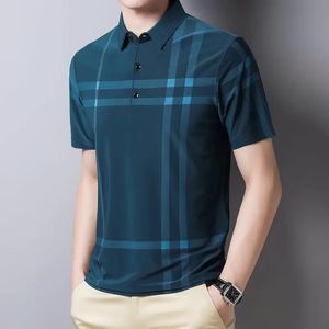 Summer Short Sleeve Shirt For Men Stripe Casual Loose Plaid Printed Button Turn-Down Collar Polo Fashion Vintage Tops 240318