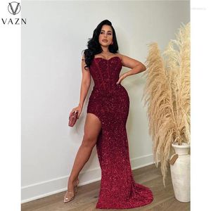 Casual Dresses Vazn 2024 Luxury Designer Sequined Sexy Club Solid Sweet Strapless Sleeveless Backless Women Long Mermaid Spit Dress