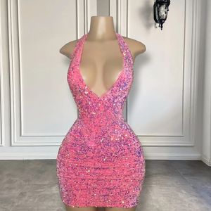 Vestido de baile de baile de lantejoulas rosa curto sexy para garotas negras 2024 Vestidos de festa de aniversário de decote em V Robe de Soiree