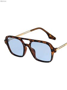 Sunglasses Retro double bridge sunglasses for womens fashionable pink gradient glasses trend hollow leopard blue square sunglasses for mens sunglassesL240403