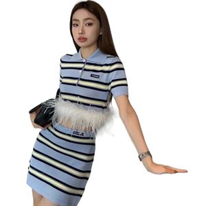 Women's turn down collar color block stripe letter print knitted ostrich fur bottom crop top and skirt twinset 2 pc dress suit SML