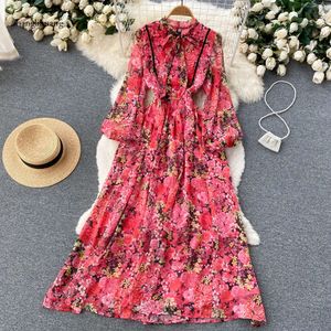 Chinese Style Women Floral Dress Summer 2024 Bow Neck Long Sleeves Temperament Elegant Ladies A Line Print Dresses es