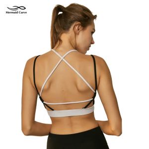 Bras Denizkızı Eğrisi Siyah Beyaz Patchwork Çapraz Straps Spor Salonu Spor Sütun Kadın Seksi Yoga Fitness Üst Yalnız Push Yukarı Yoga Sütyen Üstü