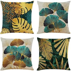 Pillow Square Throw Covers Pack Of 4 Green And Gold Leaves Linen Sofa S 45Cm X