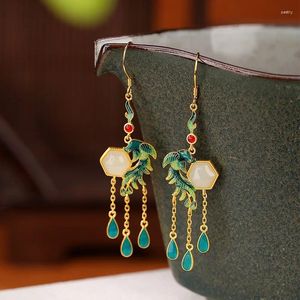 Brincos Dangle Designer Original Natural An Jade Blue Green Tassel Phoenix for Women Vintage Chinese Style Radiant Jewelry