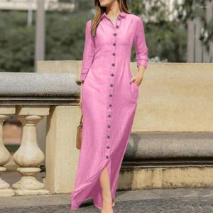 Casual Dresses Spring Summer Women Dress Loose Single-Breasted Long Sleeves Side Tickets Lapel Split Hem Ankle Length Maxi