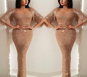 New Rose Gold Arabic New Sexy Sequins Lace Evening Dresses Illusion Jewel Neck With Tassels Mermaid Sequined Floor Length Formal P5189732