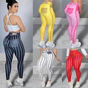 Women's Leggings Women High Waist Sports Stripe Print Stretchable Yoga Pants Sexy Tight Fitness Workout Gym Push Up Causal Pant