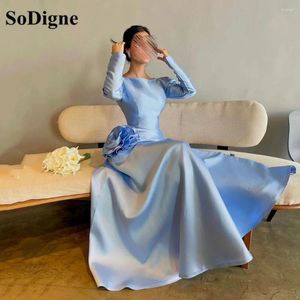 Party Dresses SoDigne Blue Modest Prom Saudi Arabia Long Sleeves Satin Formal Evening Dress Backless 3D Flower Occasion Evens