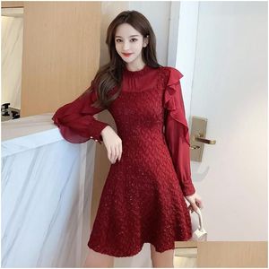 Basic & Casual Dresses Coigarsam 4Xl Plus Size Work Women One-Piece Dress Korean Chiffon Black Bordeaux Red 967 Drop Delivery Apparel Dhylu