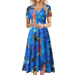 Casual Dresses Summer For Women 2024 O Neck Short Sleeve Dress Bohemian Floral Print Plain Flowy Female