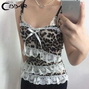 Frauen Tanks Camis Cibbar Vintage Leopard Print Crop Top Spitze Ruch Patchwork Bow Camis Sommer lässige ärmellose Tees Y2K Ästhetische Frauen Kleidung Y240403