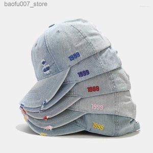 Ball Caps Ball Caps Fashion Unisex Washed Denim Baseball Cap Women Distressed Ripped Hole Hip Hop Men Adjustable Outdoor Snapback Hat GorrasQ240403