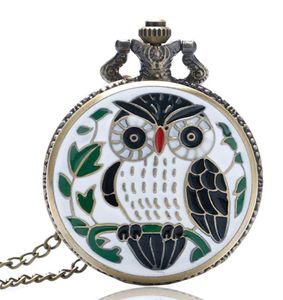 Bronze Small Animal Epoxy Cartoon Owl Målning Pocket Watch Quartz Clock Necklace Chain Relogio de Bolso Gifts for Men Women2743003