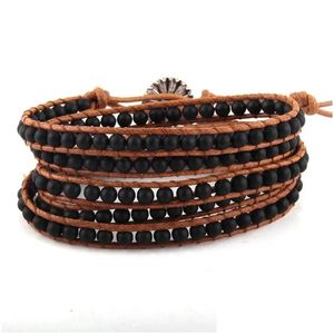 Charm armband mode kvinnliga smycken brun läder armband handgjorda 5 trådar 4mm naturliga stenar wrap dropshippers droppleverans dhjk3