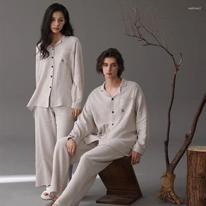 Home Clothing Couple Pajamas Men& Women Pure Cotton Sleepwear Turn-down Collars Long Sleeve Pants Pyjama Sets Solid Spring Nightwear Suit