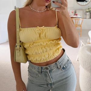 Kvinnors tankar Solid Color Slim Camisole Tops Spaghetti Strap frill smocked Vest Show Navel Summer Tees