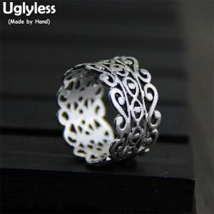 Anéis Unessless Real S925 Sterling Silver Hollow Wide Rings para mulheres Videiras étnicas Padrão de jóias finas exageradas do anel de dedo vintage