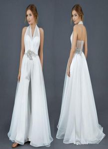 Halter Chiffon Stain Bridal Jumpsuit med Overskirt Train Modest Fairy Pärled Crystal Belt Beach Country Wedding Dress Jumpsuit4568497