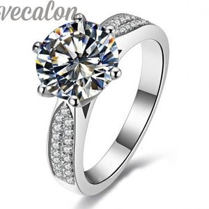 Vecalon moda yüzüğü solitaire raund 4ct cz elmas yüzük 14kt beyaz altın dolu kadınlar nişan düğün bant yüzüğü SZ 5-112502