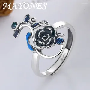 Clusterringe 925 Sterling Silber Emaille Blue Rose Finger Ring Schmuck Vintage Kreative Blume Verstellbar für Frauen JZ144