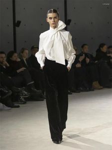 Bloups feminina Moda Blusa 2024 outono na camisa de decoração de arco de alta qualidade algodão puro de mangas compridas