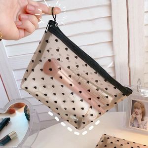 Bolsas de armazenamento 1pcs transparente malha zíper de maquiagem de maquiagem de maquiagem de coração fofo