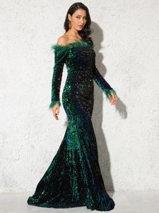 Party Dresses Sparkle Green Feathers Sequin Maxi Cocktail Dress Mermaid Off The Shoulder Long Sleeve Stretch Wedding Gown 2024