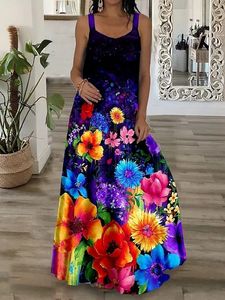 Loose Casual Plus Size Long Maxi Dress Beach Sun Dresses Women Sleeveless Summer Fashion Printed Boho Maxi Long Dress 240321