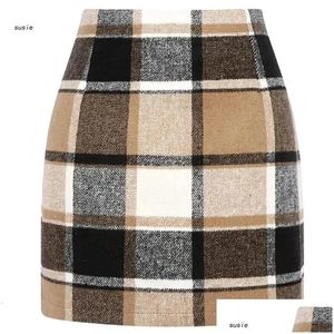 Kjolar Autumn Winter Plaid ull mini kjol för kvinnor ull kontrollerade vintage kontor damer hög midja blyerts bodycon kort 231031 droppe dh7zd