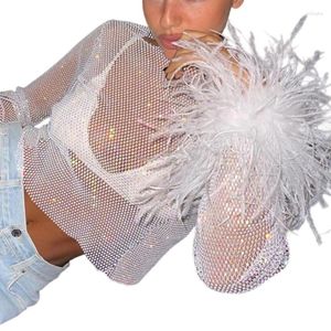 Women's T Shirts Womens Long Sleeve Fuzzy Trim Fishnet Crop Top Sexy Hollow Out See Through Mesh Glittering Cover Up T-Shirts Party Wear