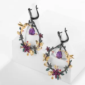 Kolczyki Dangle Fancy Natural Amethyst kamień szlachetny 925 Srebrny złoto plastowany ptak motyl i wielolarowy kwiat duży obręcz