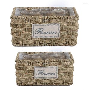 Vases Woven Grass Rectangle Planter Basket Flower Pot Container With Plastic Liner Dropship