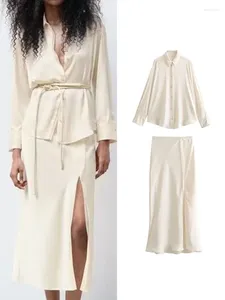 Work Dresses Elegant Woman Skirt Sets Fashion Simple OL Long Sleeve Button Shirt Top Side Slit Midi Summer 2024 Casual
