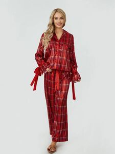 Kvinnors sömnkläder kvinnor 2 st pajamas sätter långärmad lapel halsknapp ner rutig skjorta bred ben palazzo byxor y2k loungewear outfits