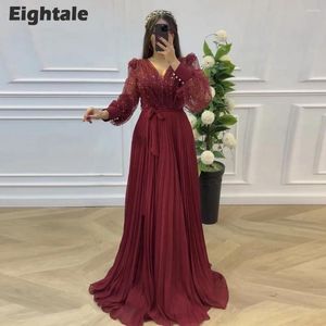 Party Dresses Eightale Elegant Evening Dress For Wedding Chiffon V-Neck Glitter Arabic Pleats A-Line Prom Gowns Long Sleeves