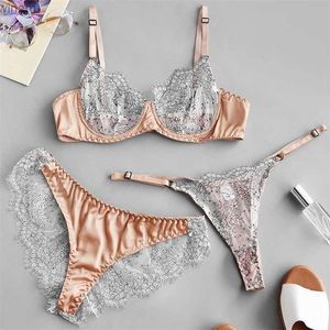 Women's Panties Womens eyelashes lace stitching sexy lingerie bra and underwear three piece thin mesh perspective lingerie setL2404