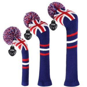 Klubbar Golf Knit Wood Headcover, Storbritanniens flaggmönster Knit Golf Club Cover för förare Fairway Hybrid, personlig golfskydd för golfare