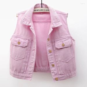 Women's Vests Spring Summer Big Pocket Denim Women Purple Pink Waistcoat Student Cowboy Sleeveless Jacket Loose Short Jeans Vest Female