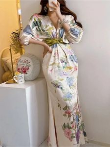 Våren Japan Style Elegant Floral Midi Dres Vintage Chic BodyCon Party Födelsedag Vestidos Kvinnliga mode S ROBE 240403