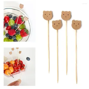 Disposable Flatware 100Pcs Bear Bamboo Cocktails Pick Long Handle Wood Appetizers Toothpicks Dessert Fork Party Festival Supplies