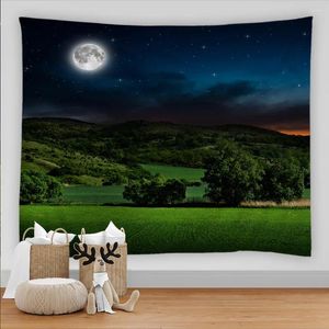 Tapissries 3D Print Forest Tapestry Green Plant Moon Night Sky Art Asthetic Room Decor Living Wall Canvas Home Bedroom Filt