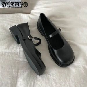 Pumpar Mary Janes Round Toe Sweet Sweet Women's Black Leather Shoes Strap Square Heel Simple Casual Preppy Style Korean Fashion