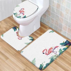 Badmatten Flamingo Matte Set 3D-Druck tropischer Regenwald Palmblätter niedriger Stapelgedächtnisschaum Toilettenabdeckung U-förmiger Teppich